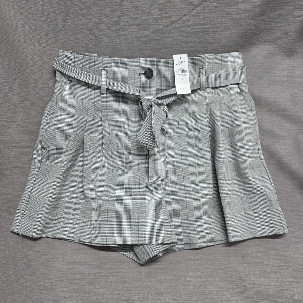 LOFT Grey Glen Plaid Paperbag Waist‎ Shorts with Belt Size 8 NEW